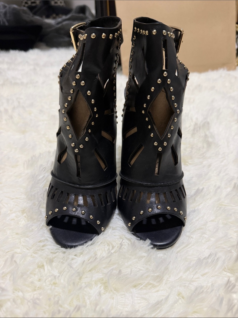 Women's Aldo Black Studded Cutout Peep-Toe Ankle Boots